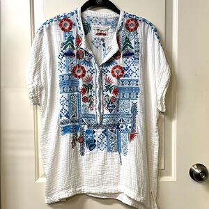 Johnny Was Floral Embroidered Blouse in White and Blue